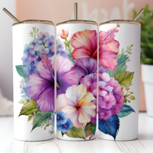 Digital Watercolor Pansies, Hibiscus, Petunia & Hydrangea Bouquet 20oz Skinny Sublimation Straight Tumbler PNG, Instant DIGITAL ONLY