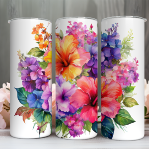 Firefly The hand-drawn watercolor collage features four distinct bouquet pansies, Hibiscus, Petunia Bouquet Pink Flower Mockup